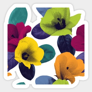 Vibrant exotic flowers and leaves textural print. Colorful vibrant Hibiscus flowers on dark background. Vibrant summer tropical composition Sticker